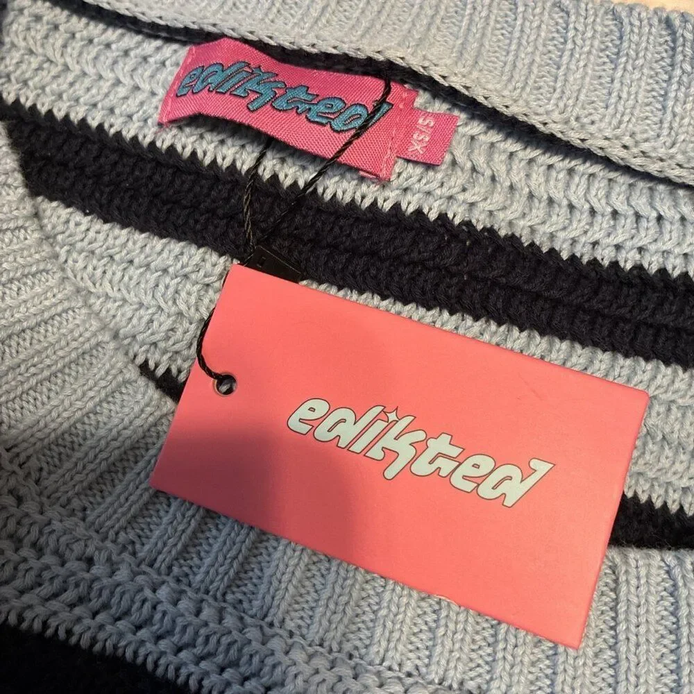 Edikted Aerin New Blue Striped Knit Long Sleeve Oversized Sweater Xs Small